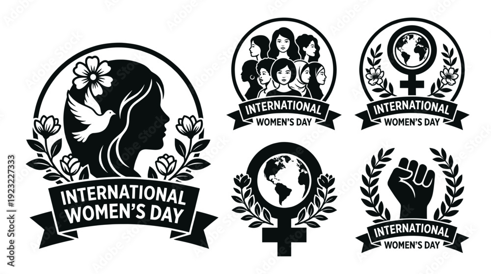 Fototapeta premium International Womens Day Vector collection of monochrome emblems featuring diverse women, peace dove, female symbols, and protest fists for feminism and equality graphic designs.