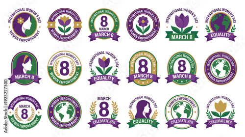International Womens Day Vector pack of purple and green circular stickers featuring the number eight, female profiles, spring flowers, and globes promoting women empowerment.