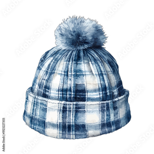 Watercolor blue plaid beanie hat with pompom and winter tartan pattern