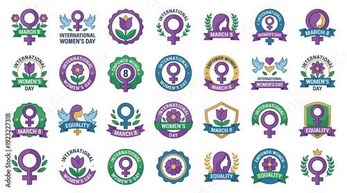 International Womens Day Vector bundle of colorful flat icons featuring Venus signs, March 8 typography, spring tulips, peace doves, and equality concepts for graphic designs.
