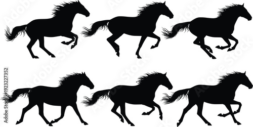 Horse running motion silhouette vector illustration, dynamic gait cycle design, black bold style, animal locomotion, animation study graphic
