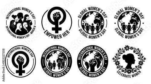 International Womens Day Vector set of black and white retro badges with female silhouettes, raised fists, globes, and floral elements for female empowerment and feminism concepts.