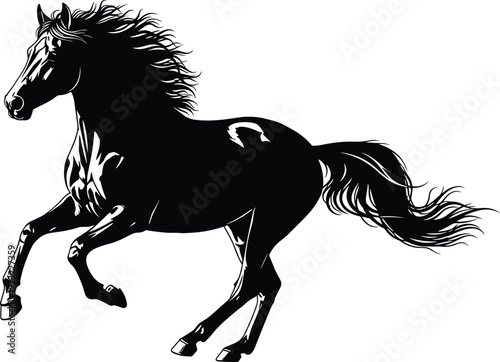 Dynamic horse silhouette illustration in motion, galloping with flowing mane and tail, powerful equestrian animal design for logo art decoration