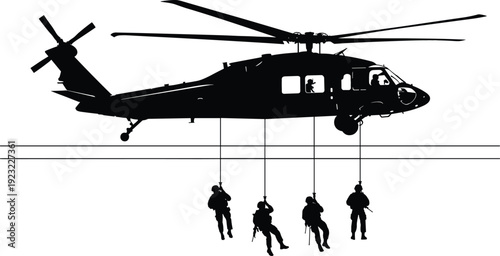 Military transport helicopter black silhouette with special forces soldiers rappelling down on ropes during a tactical mission vector
