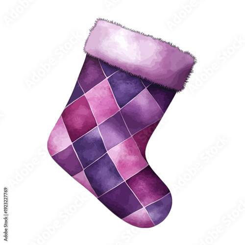 Watercolor purple Christmas stocking with pink argyle diamond pattern