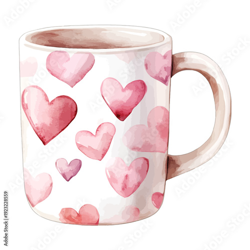 Watercolor White Coffee Mug with Pink Valentine Hearts Pattern

