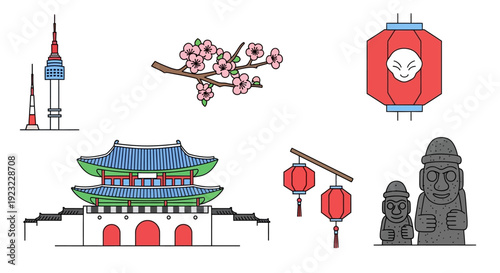 Illustrations of Cultural Landmarks and Symbols Featuring Pagoda, Lantern, and Statues with Space Elements