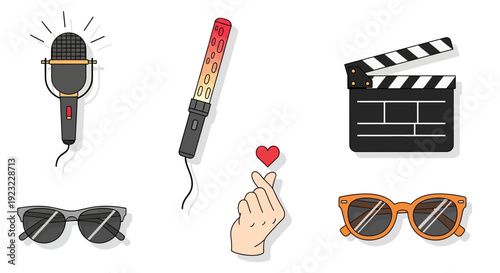 Collection of cinematic elements including microphone, clapboard, and sunglasses illustrating film production and entertainment icons.