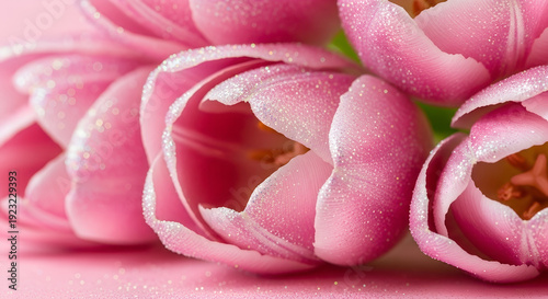 Pink tulips with dew on soft pink background  