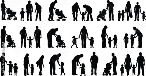 Parent and child silhouettes illustration, caregiving scenes, creative vector artwork, family relationship concept, abstract people representation