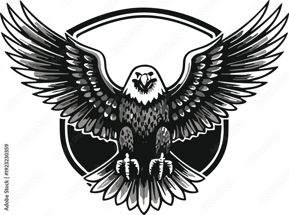 Fototapeta premium Stylized black eagle vector illustration with wings spread wide, symmetrical frontal view, detailed feathers, shield background design