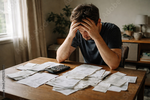 A man is experiencing distress while dealing with his financial papers and a calculator. His face reflects worry and frustration
