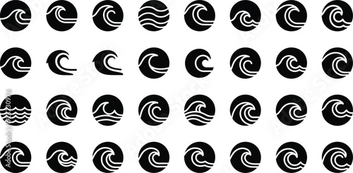 Wave line art icon collection. Includes ocean, sea, water, surf, ripple, and tide symbols. Created in black and white minimalist style with a monochrome palette.