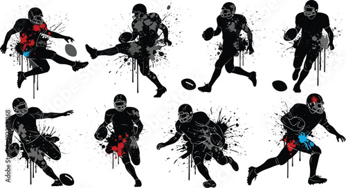 Gridiron Action: Energetic silhouettes of football players in dynamic poses, with an abstract splatter effect. Expressing the raw power and athletic prowess within the game.