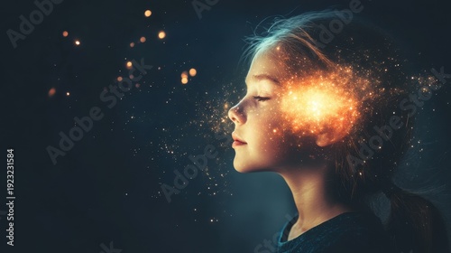 Serene child profile with inner light, sparks emanating