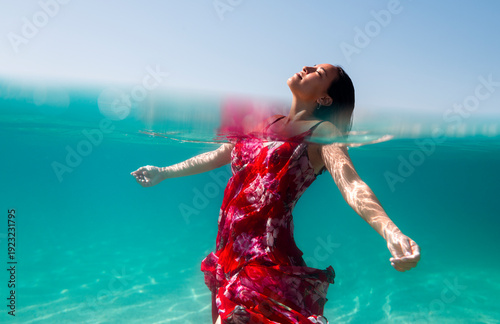 Blissful Woman Floating with Face Toward Sky