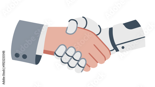 Businessperson shaking hands with an AI humanoid robot's hand, line variable width