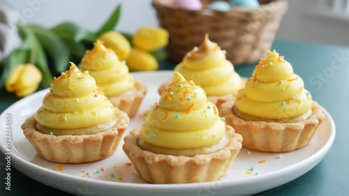 Delicious lemon tarts with swirled cream and sprinkles on a white plate