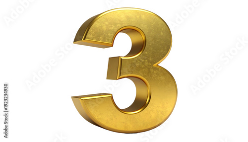 A three-dimensional render of a golden number three with highlights and shadows against a transparent background