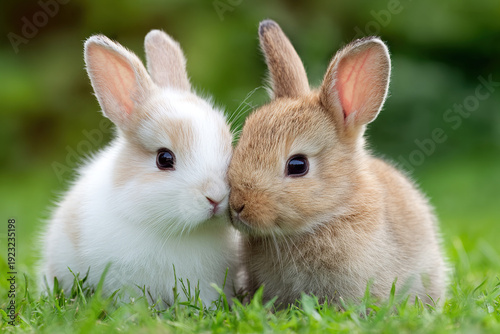 Two Cute Baby Rabbits on Green Grass