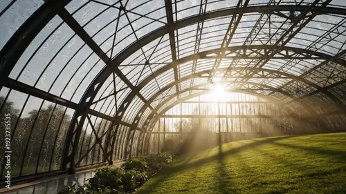 Stunning view inside a massive curved glass greenhouse structure capturing bright morning sunlight streaming across the vibrant green interior lawn and foliage