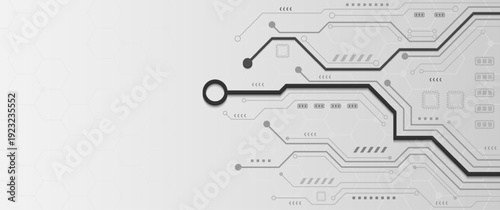 Grey circuit board lines with bold black data path on white background