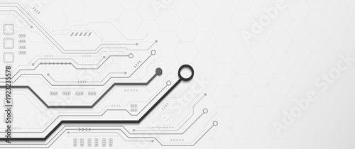 Grey circuit board lines with bold black data path on white background