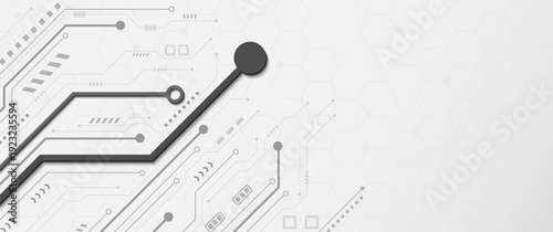 Grey circuit board lines with bold black data path on white background