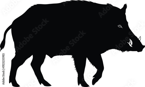 Stylized wild boar silhouette vector illustration, bold animal design with tusks and bristly fur symbolizing strength, wilderness, hunting, and wildlife art