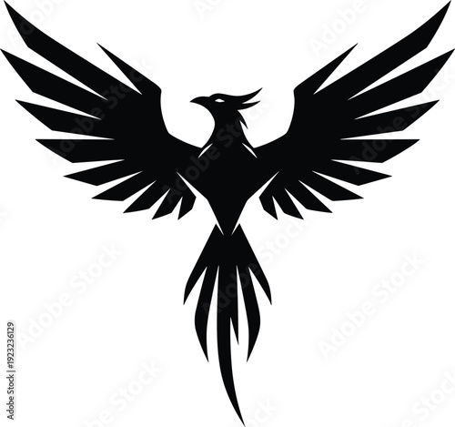 Phoenix silhouette with wings spread wide, black vector illustration, mythical bird design, fantasy rebirth symbol, minimal background art