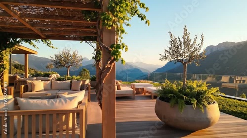 Luxurious outdoor wooden terrace with comfortable cushioned seating offers stunning panoramic views of rolling green mountains during a beautiful sunset