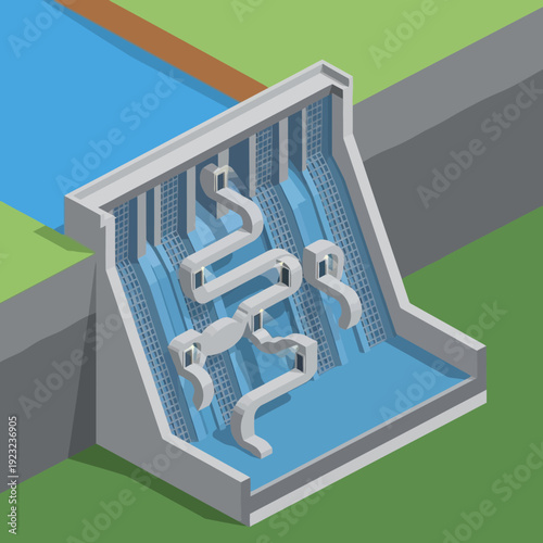 Isometric illustration of a hydroelectric dam with water flowing through turbines.