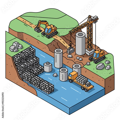 Construction site with excavator and crane near a river.