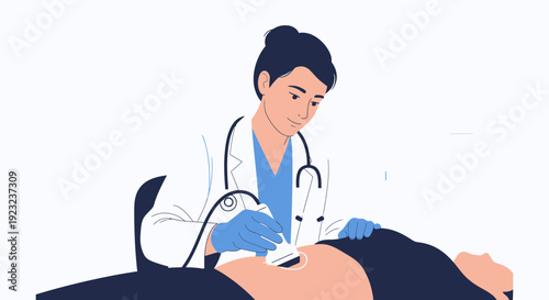 Doctor performs ultrasound examination on patient in clinic