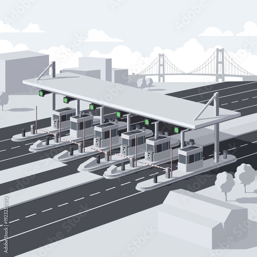Toll booths on a highway with a cityscape background.