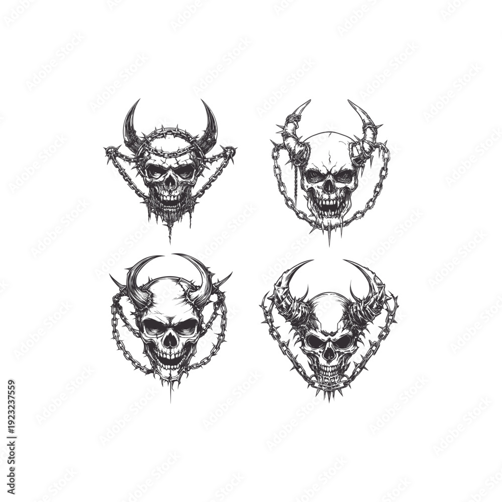 Fototapeta premium Set of hand drawn demon skulls with horns and barbed wire chains isolated on white background.