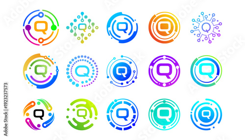 Collection of colorful letter Q technology logos with circular, network, and digital elements. Modern abstract symbols for AI, innovation, startups, apps, and futuristic tech branding.