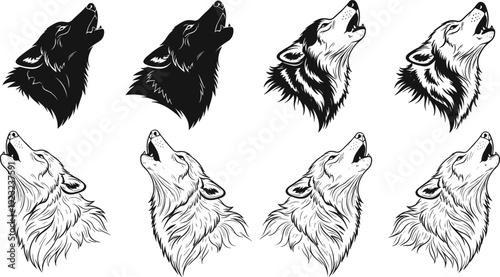 Howling wolves illustration, wildlife animal vector artwork, predator silhouette design graphics, forest nature icons, decorative wild symbol collection