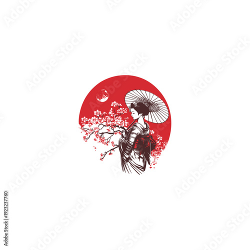 Vintage Japanese illustration of a beautiful geisha holding a traditional umbrella standing near a cherry blossom tree under a red sun.