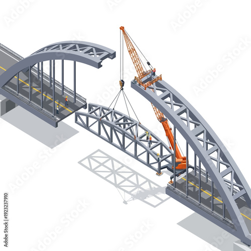 Construction of a metal arch bridge with crane assistance.