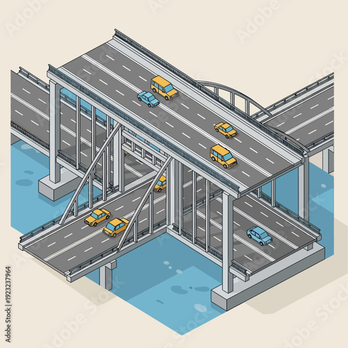Isometric illustration of a multi-level highway interchange with cars.