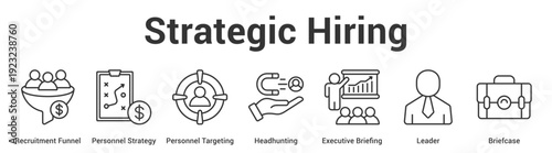Strategic Hiring web banner icon set vector illustration concept for business with icon of Recruitment Funnel, Personnel Strategy, Personnel Targeting, Headhunting, Executive Briefi.