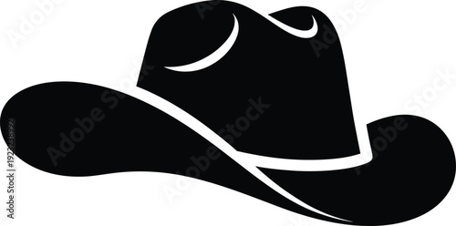 Cowboy hat silhouette with wide brim and creased crown, black vector illustration for western culture, ranching, and design projects
