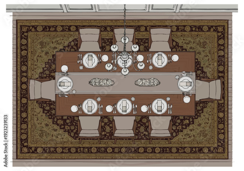 Overhead View Of Elegant Dining Room Setting With Rectangular Table Chandeliers And Ornate Rug For Formal Gatherings And Celebrations icons interior