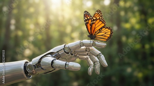 Robotic hand gently holding a monarch butterfly in a serene sunlit forest for technology and nature harmony concept and environmental care