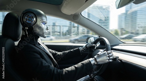 Futuristic humanoid robot in a suit driving a sleek electric car through a modern city for autonomous vehicle concept and AI technology