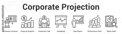 Corporate Projection web banner icon set vector illustration concept for business with icon of Economic Forecast, Financial Analysis, Investment Talk, Dashboard, Data Report, Performance Cha.