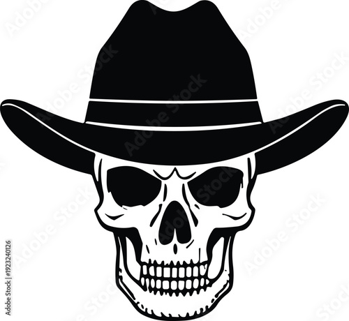 Human skull wearing cowboy hat, western outlaw symbol, rustic frontier artwork, rebellion design element, mortality vector illustration, Americana culture style