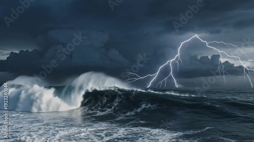 Dramatic ocean storm with massive waves crashing under a dark, turbulent sky, illuminated by powerful lightning strikes creating a perilous and awe-inspiring natural display of raw elemental force.