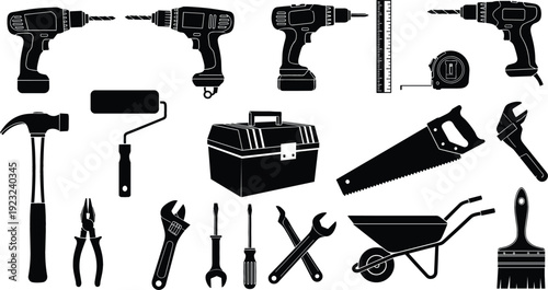 Construction and DIY home improvement tool icon set with power drill hammer saw wrench toolbox and wheelbarrow black silhouette vector